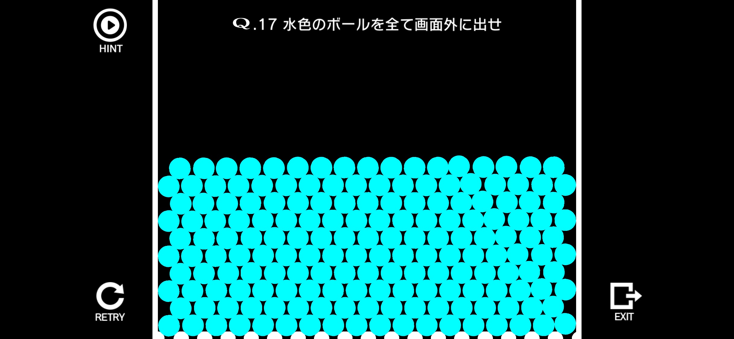 (Q: SENARY 1-17「水色のボールを全て画面外に出せ」) 小さな隙間ができるように等間隔に並べたボールを底として、その上に描画したものを当てると縮む水色のボールが10段敷き詰められている問題