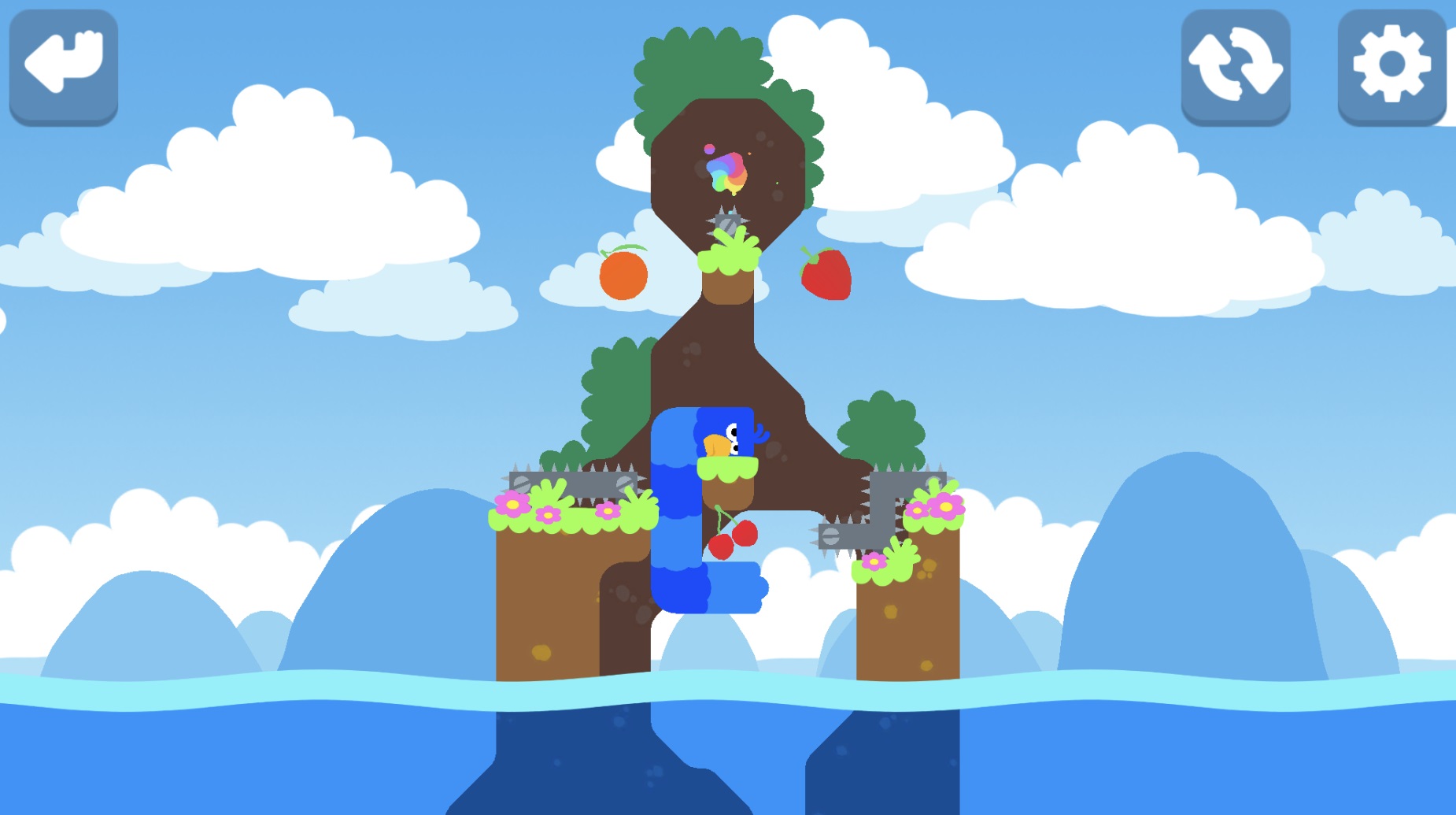 (Snakebird: Level 21) 長さ6のヘビと3個のフルーツに、たった1マス分の足場だけしか用意されない問題