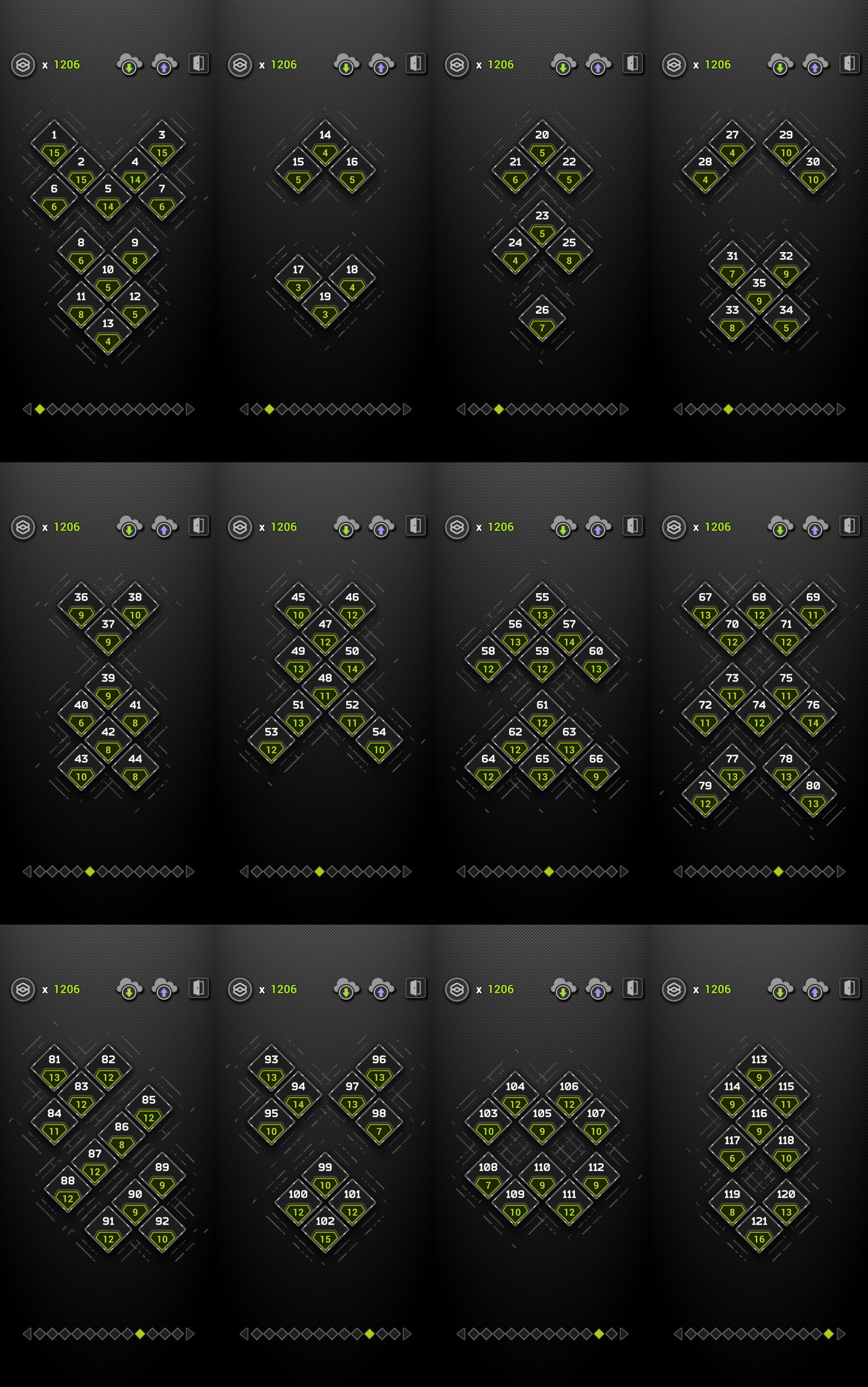 (the Sequence [2]) 全121問の各問題にかけた手数を一括で確認できるよう、問題選択画面のスクリーンショットを全て結合し1枚に収めたもの