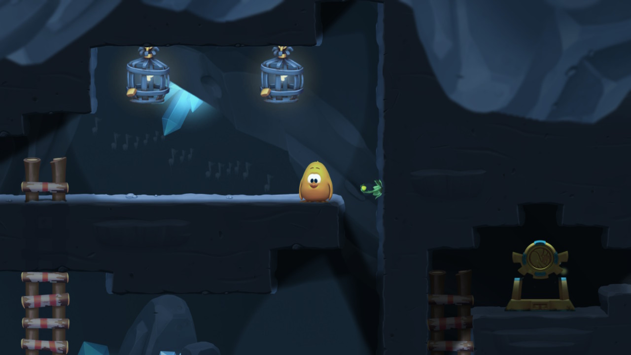(Toki Tori 2+) 大滝の下の洞窟の中に、実績を解除する楽譜が刻まれている