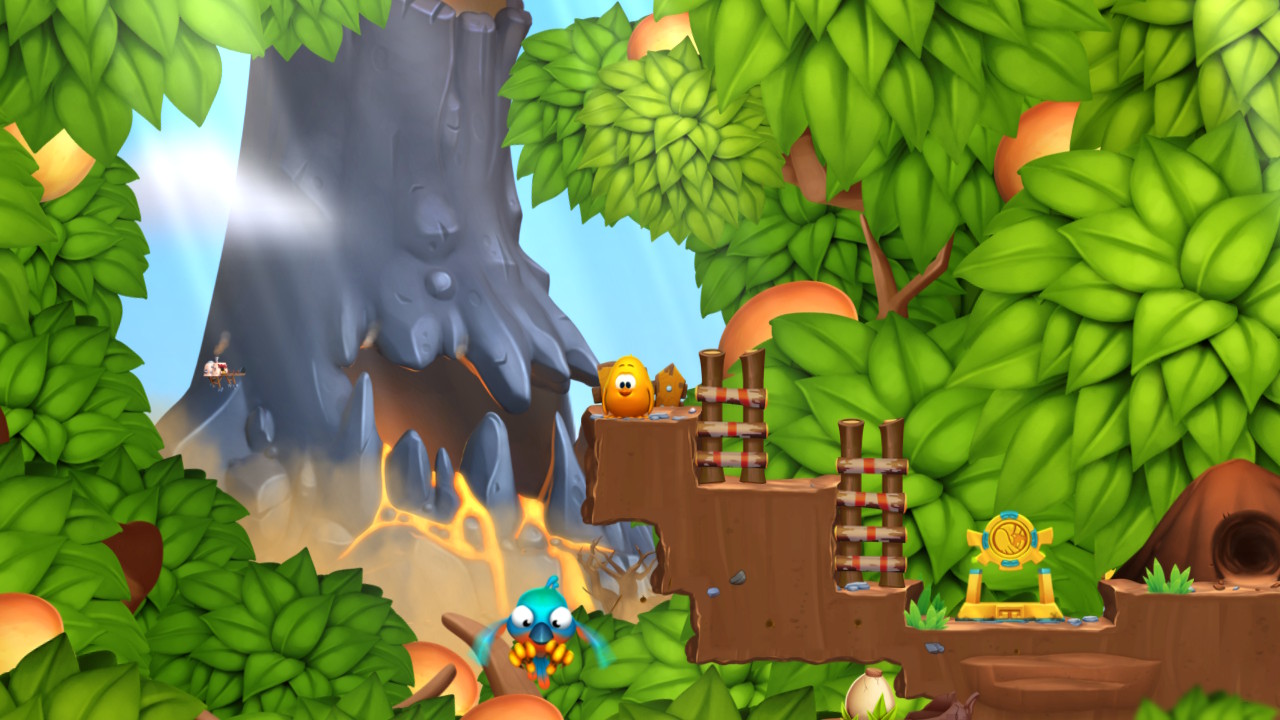 (Toki Tori 2+) 青い鳥が多く行き交う西の森の果て、遠くに火山が見える場所